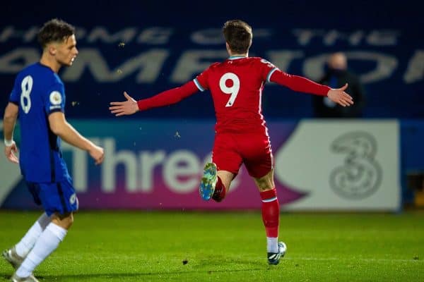 KINGSTON-UPON-THAMES, ENGLAND - Friday, February 19, 2021: Liverpool's Layton Stewart celebrates after scoring the third goal during the Premier League 2 Division 1 match between Chelsea FC Under-23's and Liverpool FC Under-23's at the Kingsmeadow Stadium. (Pic by David Rawcliffe/Propaganda)