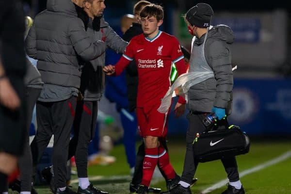 KINGSTON-UPON-THAMES, ENGLAND - Friday, February 19, 2021: Liverpool's Leighton Clarkson goes off injured during the Premier League 2 Division 1 match between Chelsea FC Under-23's and Liverpool FC Under-23's at the Kingsmeadow Stadium. (Pic by David Rawcliffe/Propaganda)