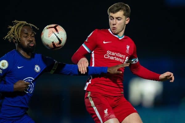 KINGSTON-UPON-THAMES, ENGLAND - Friday, February 19, 2021: Liverpool's Ben Woodburn (R) and Chelsea's Captain Dynel Simeu during the Premier League 2 Division 1 match between Chelsea FC Under-23's and Liverpool FC Under-23's at the Kingsmeadow Stadium. (Pic by David Rawcliffe/Propaganda)