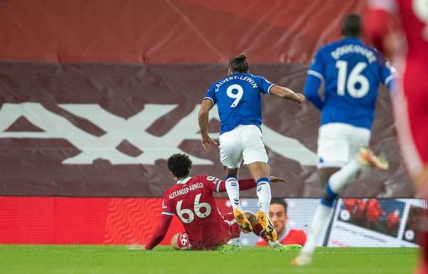 LIVERPOOL, ENGLAND - Saturday, February 20, 2021: Everton's Dominic Calvert-Lewin wins a penalty by falling over the leg of Liverpool's Trent Alexander-Arnold during the FA Premier League match between Liverpool FC and Everton FC, the 238th Merseyside Derby, at Anfield. (Pic by David Rawcliffe/Propaganda)