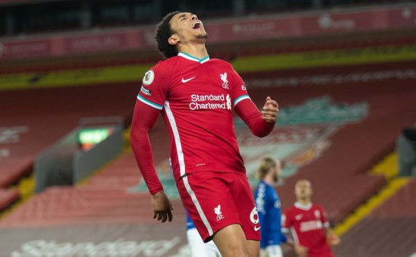 LIVERPOOL, ENGLAND - Saturday, February 20, 2021: Liverpool's Trent Alexander-Arnold looks dejected after missing a chance during the FA Premier League match between Liverpool FC and Everton FC, the 238th Merseyside Derby, at Anfield. (Pic by David Rawcliffe/Propaganda)