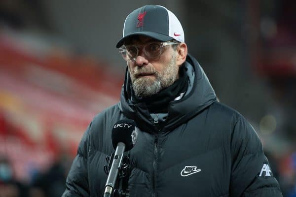 LIVERPOOL, ENGLAND - Saturday, February 20, 2021: Liverpool's Jurgen Klopp after the FA Premier League match between Liverpool FC and Everton FC, the 238th Merseyside Derby, at Anfield. (Pic by David Rawcliffe/Propaganda)