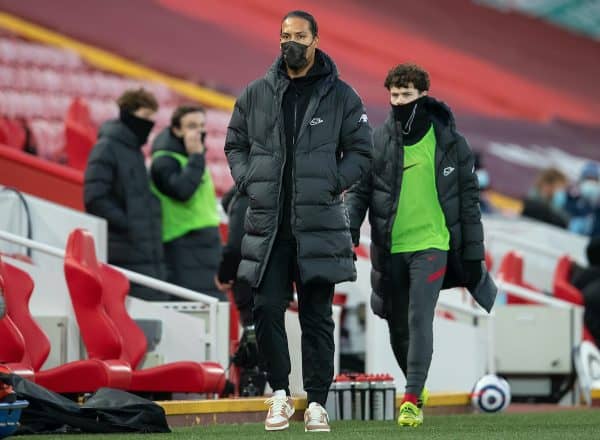 LIVERPOOL, ENGLAND - Saturday, February 20, 2021: Liverpool's injured Virgil van Dijk before the FA Premier League match between Liverpool FC and Everton FC, the 238th Merseyside Derby, at Anfield. (Pic by David Rawcliffe/Propaganda)