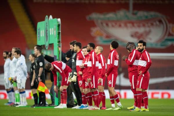 LIVERPOOL, ENGLAND - Saturday, February 20, 2021: Liverpool players line-up during the FA Premier League match between Liverpool FC and Everton FC, the 238th Merseyside Derby, at Anfield. (Pic by David Rawcliffe/Propaganda)