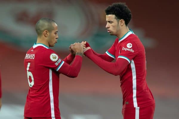 LIVERPOOL, ENGLAND - Saturday, February 20, 2021: Liverpool's Thiago Alcantara (L) and Curtis Jones before the FA Premier League match between Liverpool FC and Everton FC, the 238th Merseyside Derby, at Anfield. (Pic by David Rawcliffe/Propaganda)