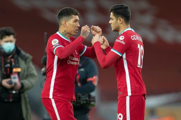 LIVERPOOL, ENGLAND - Saturday, February 20, 2021: Liverpool's Roberto Firmino (L) and Ozan Kabak before the FA Premier League match between Liverpool FC and Everton FC, the 238th Merseyside Derby, at Anfield. (Pic by David Rawcliffe/Propaganda)