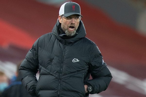 LIVERPOOL, ENGLAND - Saturday, February 20, 2021: Liverpool's manager Jürgen Klopp during the FA Premier League match between Liverpool FC and Everton FC, the 238th Merseyside Derby, at Anfield. (Pic by David Rawcliffe/Propaganda)