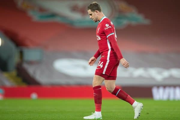 LIVERPOOL, ENGLAND - Saturday, February 20, 2021: Liverpool's captain Jordan Henderson walks off injured during the FA Premier League match between Liverpool FC and Everton FC, the 238th Merseyside Derby, at Anfield. (Pic by David Rawcliffe/Propaganda)