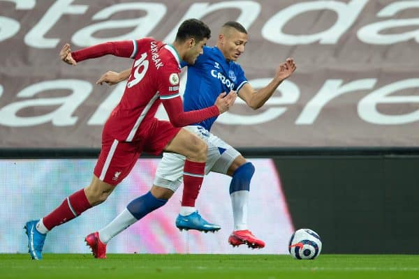 LIVERPOOL, ENGLAND - Saturday, February 20, 2021: Everton's Richarlison de Andrade (R) and Liverpool's Ozan Kabak during the FA Premier League match between Liverpool FC and Everton FC, the 238th Merseyside Derby, at Anfield. (Pic by David Rawcliffe/Propaganda)