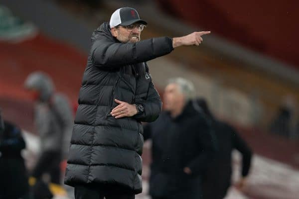 LIVERPOOL, ENGLAND - Saturday, February 20, 2021: Liverpool's manager Jürgen Klopp during the FA Premier League match between Liverpool FC and Everton FC, the 238th Merseyside Derby, at Anfield. (Pic by David Rawcliffe/Propaganda)