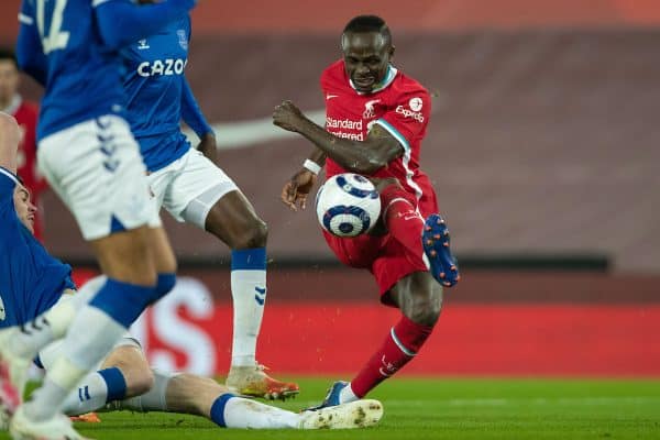 LIVERPOOL, ENGLAND - Saturday, February 20, 2021: Liverpool's Sadio Mané has his shot blocked during the FA Premier League match between Liverpool FC and Everton FC, the 238th Merseyside Derby, at Anfield. (Pic by David Rawcliffe/Propaganda)