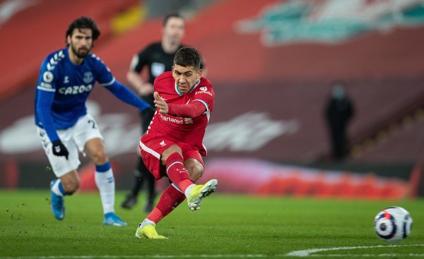 LIVERPOOL, ENGLAND - Saturday, February 20, 2021: Liverpool's Roberto Firmino shoots during the FA Premier League match between Liverpool FC and Everton FC, the 238th Merseyside Derby, at Anfield. (Pic by David Rawcliffe/Propaganda)