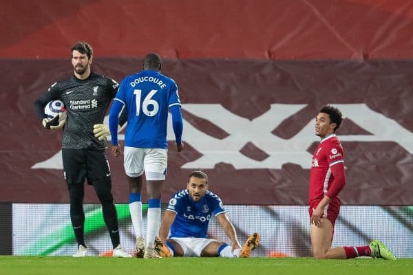 LIVERPOOL, ENGLAND - Saturday, February 20, 2021: Liverpool's goalkeeper Alisson Becker looks dejected as Everton's Dominic Calvert-Lewin wins a penalty during the FA Premier League match between Liverpool FC and Everton FC, the 238th Merseyside Derby, at Anfield. (Pic by David Rawcliffe/Propaganda)