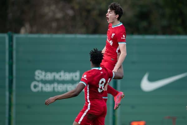 KIRKBY, ENGLAND - Saturday, February 27, 2021: Liverpool's Mateusz Musialowski celebrates after scoring an injury time winning goal during the Under-18 Premier League match between Liverpool FC Under-18's and Everton FC Under-23's at the Liverpool Academy. Liverpool won 2-1. (Pic by David Rawcliffe/Propaganda)