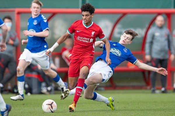 KIRKBY, ENGLAND - Saturday, February 27, 2021: Liverpool's Melkamu Frauendorf is fouled during the Under-18 Premier League match between Liverpool FC Under-18's and Everton FC Under-23's at the Liverpool Academy. (Pic by David Rawcliffe/Propaganda)