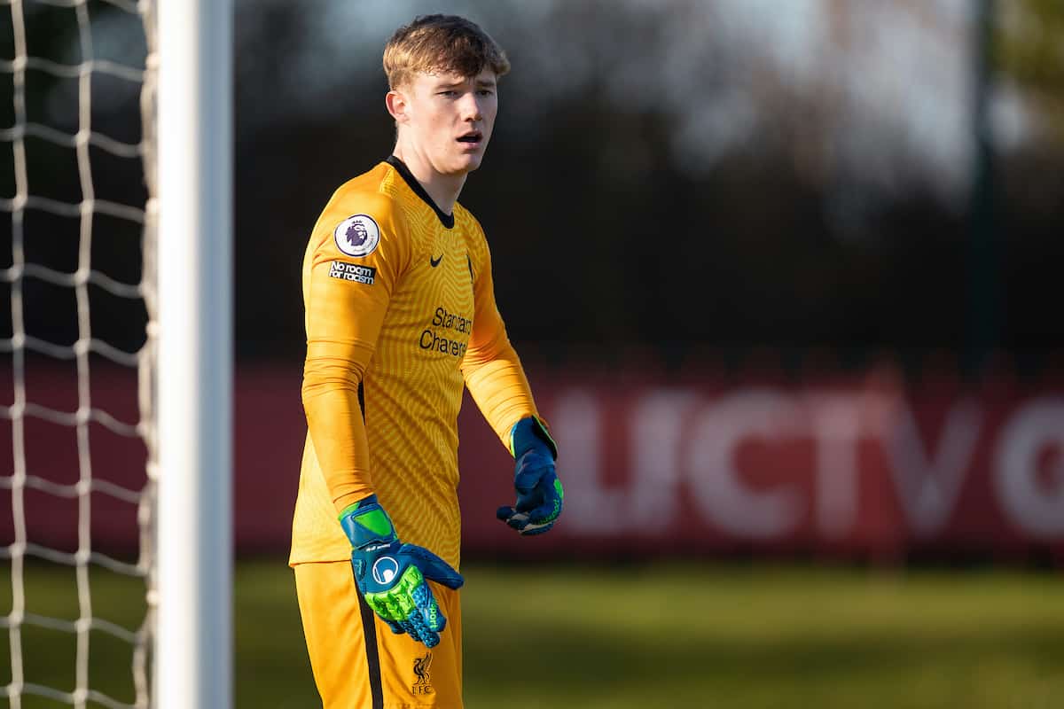 KIRKBY, ENGLAND - Saturday, February 27, 2021: Liverpool's goalkeeper Liam Hughes during the Premier League 2 Division 1 match between Liverpool FC Under-23's and Arsenal FC Under-23's at the Liverpool Academy. (Pic by David Rawcliffe/Propaganda)