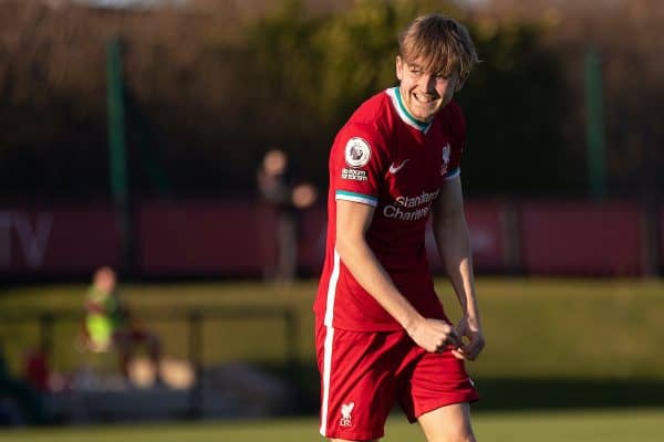 KIRKBY, ENGLAND - Saturday, February 27, 2021: Liverpool's Jake Cain celebrates after scoring the third goal during the Premier League 2 Division 1 match between Liverpool FC Under-23's and Arsenal FC Under-23's at the Liverpool Academy. (Pic by David Rawcliffe/Propaganda)