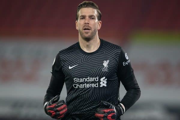 SHEFFIELD, ENGLAND - Sunday, February 28, 2021: Liverpool's goalkeeper Adrián San Miguel del Castillo during the FA Premier League match between Sheffield United FC and Liverpool FC at Bramall Lane. (Pic by David Rawcliffe/Propaganda)