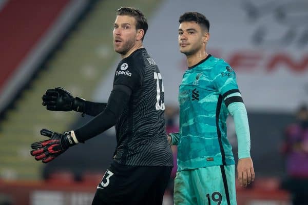 SHEFFIELD, ENGLAND - Sunday, February 28, 2021: Liverpool's Ozan Kabak and goalkeeper Adrián San Miguel del Castillo look to the assistant referee after an own-goal, it was disallowed for off-side, during the FA Premier League match between Sheffield United FC and Liverpool FC at Bramall Lane. (Pic by David Rawcliffe/Propaganda)