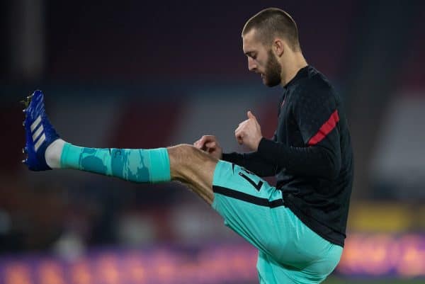 SHEFFIELD, ENGLAND - Sunday, February 28, 2021: Liverpool's Nathaniel Phillips during the pre-match warm-up before the FA Premier League match between Sheffield United FC and Liverpool FC at Bramall Lane. (Pic by David Rawcliffe/Propaganda)