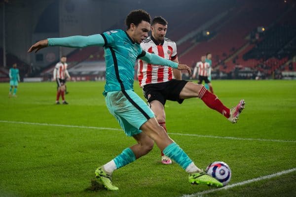 SHEFFIELD, ENGLAND - Sunday, February 28, 2021: Liverpool's Trent Alexander-Arnold crossesd the ball to set-up the opening goal during the FA Premier League match between Sheffield United FC and Liverpool FC at Bramall Lane. (Pic by David Rawcliffe/Propaganda)