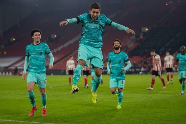 SHEFFIELD, ENGLAND - Sunday, February 28, 2021: Liverpool's Roberto Firmino celebrates after scoring the second goal during the FA Premier League match between Sheffield United FC and Liverpool FC at Bramall Lane. (Pic by David Rawcliffe/Propaganda)