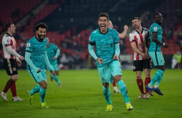 SHEFFIELD, ENGLAND - Sunday, February 28, 2021: Liverpool's Roberto Firmino celebrates after scoring the second goal during the FA Premier League match between Sheffield United FC and Liverpool FC at Bramall Lane. (Pic by David Rawcliffe/Propaganda)