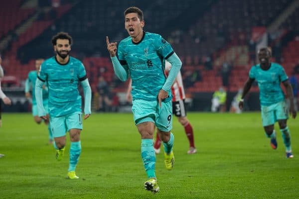 SHEFFIELD, ENGLAND - Sunday, February 28, 2021: Liverpool's Roberto Firmino celebrates after scoring the second goal during the FA Premier League match between Sheffield United FC and Liverpool FC at Bramall Lane. (Pic by David Rawcliffe/Propaganda)