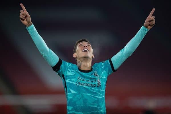 SHEFFIELD, ENGLAND - Sunday, February 28, 2021: Liverpool's Roberto Firmino celebrates after scoring the second goal during the FA Premier League match between Sheffield United FC and Liverpool FC at Bramall Lane. (Pic by David Rawcliffe/Propaganda)