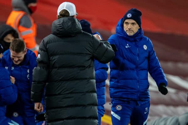 LIVERPOOL, ENGLAND - Thursday, March 4, 2021: Chelsea's manager Thomas Tuchel (R) with Liverpool's manager Jürgen Klopp at the final whistle during the FA Premier League match between Liverpool FC and Chelsea FC at Anfield. Chelsea won 1-0 condeming Liverpool to their fifth home defeat on the run.(Pic by David Rawcliffe/Propaganda)