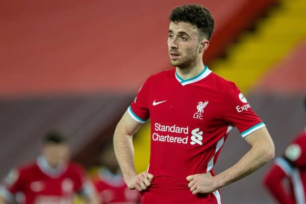 LIVERPOOL, ENGLAND - Thursday, March 4, 2021: Liverpool's Diogo Jota looks dejected during the FA Premier League match between Liverpool FC and Chelsea FC at Anfield. (Pic by David Rawcliffe/Propaganda)