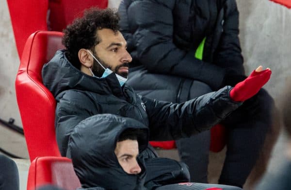 LIVERPOOL, ENGLAND - Thursday, March 4, 2021: Liverpool's Mohamed Salah sits on the bench after being substituted during the FA Premier League match between Liverpool FC and Chelsea FC at Anfield. (Pic by David Rawcliffe/Propaganda)