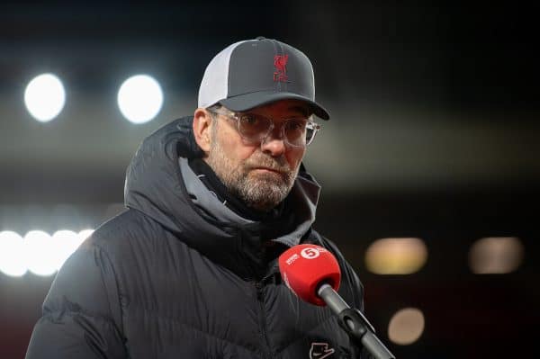 LIVERPOOL, ENGLAND - Thursday, March 4, 2021: Liverpool's manager Jürgen Klopp is interviewed after the FA Premier League match between Liverpool FC and Chelsea FC at Anfield. (Pic by David Rawcliffe/Propaganda)