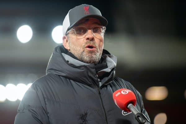 LIVERPOOL, ENGLAND - Thursday, March 4, 2021: Liverpool's manager Jürgen Klopp is interviewed after the FA Premier League match between Liverpool FC and Chelsea FC at Anfield. (Pic by David Rawcliffe/Propaganda)