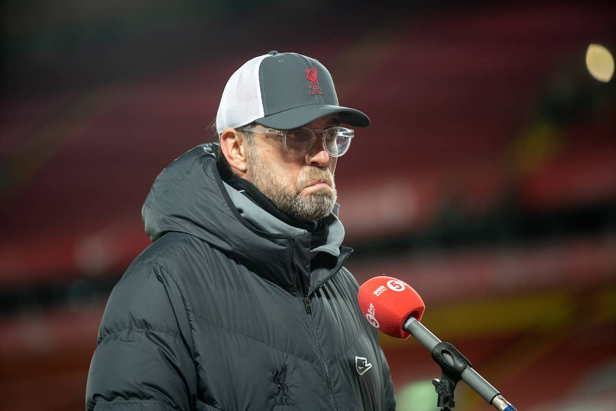 LIVERPOOL, ENGLAND - Thursday, March 4, 2021: Liverpool's manager Jürgen Klopp is interviewed after the FA Premier League match between Liverpool FC and Chelsea FC at Anfield. (Pic by David Rawcliffe/Propaganda)