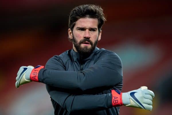 LIVERPOOL, ENGLAND - Thursday, March 4, 2021: Liverpool's goalkeeper Alisson Becker during the pre-match warm-up before the FA Premier League match between Liverpool FC and Chelsea FC at Anfield. (Pic by David Rawcliffe/Propaganda)