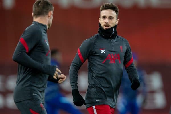 LIVERPOOL, ENGLAND - Thursday, March 4, 2021: Liverpool's Diogo Jota during the pre-match warm-up before the FA Premier League match between Liverpool FC and Chelsea FC at Anfield. (Pic by David Rawcliffe/Propaganda)