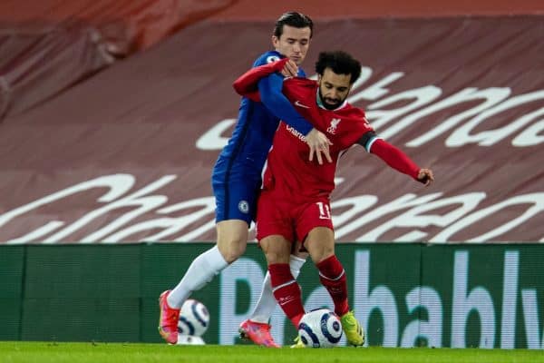 LIVERPOOL, ENGLAND - Thursday, March 4, 2021: Liverpool's Mohamed Salah (R) and Chelsea's Ben Chilwell during the FA Premier League match between Liverpool FC and Chelsea FC at Anfield. (Pic by David Rawcliffe/Propaganda)