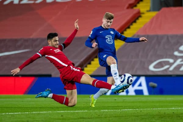 LIVERPOOL, ENGLAND - Thursday, March 4, 2021: Chelsea's Timo Werner scoresa goal but it was disallowed for offsidce after a VAR review during the FA Premier League match between Liverpool FC and Chelsea FC at Anfield. (Pic by David Rawcliffe/Propaganda)