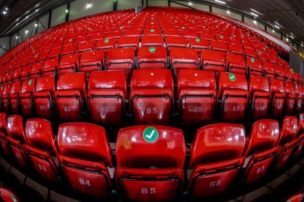 LIVERPOOL, ENGLAND - Thursday, March 4, 2021: Empty seats in the Spion Kop marked for social distancing ahead of the FA Premier League match between Liverpool FC and Chelsea FC at Anfield. (Pic by David Rawcliffe/Propaganda)