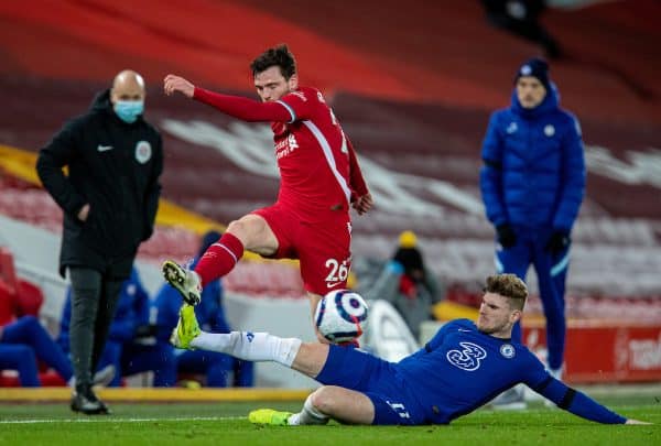 LIVERPOOL, ENGLAND - Thursday, March 4, 2021: Liverpool's Andy Robertson (L) and Chelsea's Timo Werner during the FA Premier League match between Liverpool FC and Chelsea FC at Anfield. (Pic by David Rawcliffe/Propaganda)