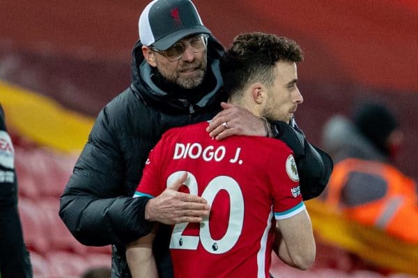 LIVERPOOL, ENGLAND - Thursday, March 4, 2021: Liverpool's Diogo Jota (R) and manager Jürgen Klopp during the FA Premier League match between Liverpool FC and Chelsea FC at Anfield. (Pic by David Rawcliffe/Propaganda)