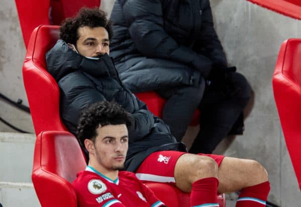 LIVERPOOL, ENGLAND - Thursday, March 4, 2021: Liverpool's Mohamed Salah on the bench after being substituted during the FA Premier League match between Liverpool FC and Chelsea FC at Anfield. (Pic by David Rawcliffe/Propaganda)