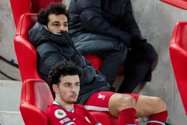 LIVERPOOL, ENGLAND - Thursday, March 4, 2021: Liverpool's Mohamed Salah on the bench after being substituted during the FA Premier League match between Liverpool FC and Chelsea FC at Anfield. (Pic by David Rawcliffe/Propaganda)