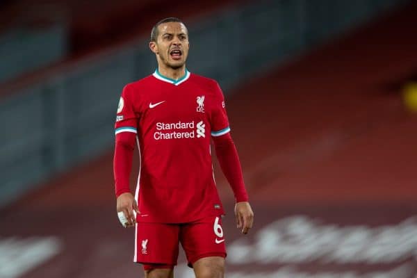 LIVERPOOL, ENGLAND - Thursday, March 4, 2021: Liverpool's Thiago Alcantara during the FA Premier League match between Liverpool FC and Chelsea FC at Anfield. (Pic by David Rawcliffe/Propaganda)