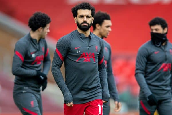 LIVERPOOL, ENGLAND - Sunday, March 7, 2021: Liverpool's Mohamed Salah during the pre-match warm-up before the FA Premier League match between Liverpool FC and Fulham FC at Anfield. (Pic by David Rawcliffe/Propaganda)