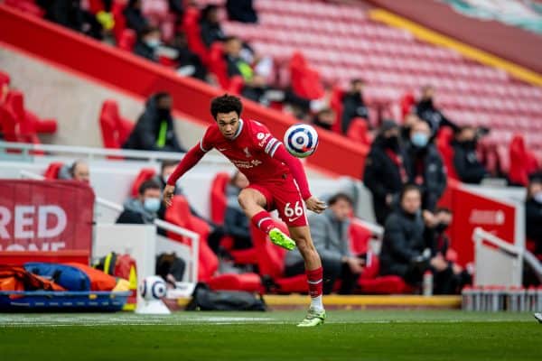 LIVERPOOL, ENGLAND - Sunday, March 7, 2021: Liverpool's Trent Alexander-Arnold during the FA Premier League match between Liverpool FC and Fulham FC at Anfield. (Pic by David Rawcliffe/Propaganda)