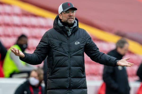 LIVERPOOL, ENGLAND - Sunday, March 7, 2021: Liverpool's manager Jürgen Klopp reacts during the FA Premier League match between Liverpool FC and Fulham FC at Anfield. (Pic by David Rawcliffe/Propaganda)