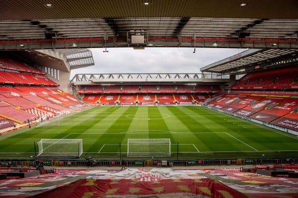 LIVERPOOL, ENGLAND - Sunday, March 7, 2021: A general view of Anfield as seen from the Spion Kop before the FA Premier League match between Liverpool FC and Fulham FC. (Pic by David Rawcliffe/Propaganda)