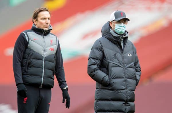 LIVERPOOL, ENGLAND - Sunday, March 7, 2021: Liverpool's manager Jürgen Klopp (R) and first-team development coach Pepijn Lijnders during the pre-match warm-up before the FA Premier League match between Liverpool FC and Fulham FC at Anfield. (Pic by David Rawcliffe/Propaganda)